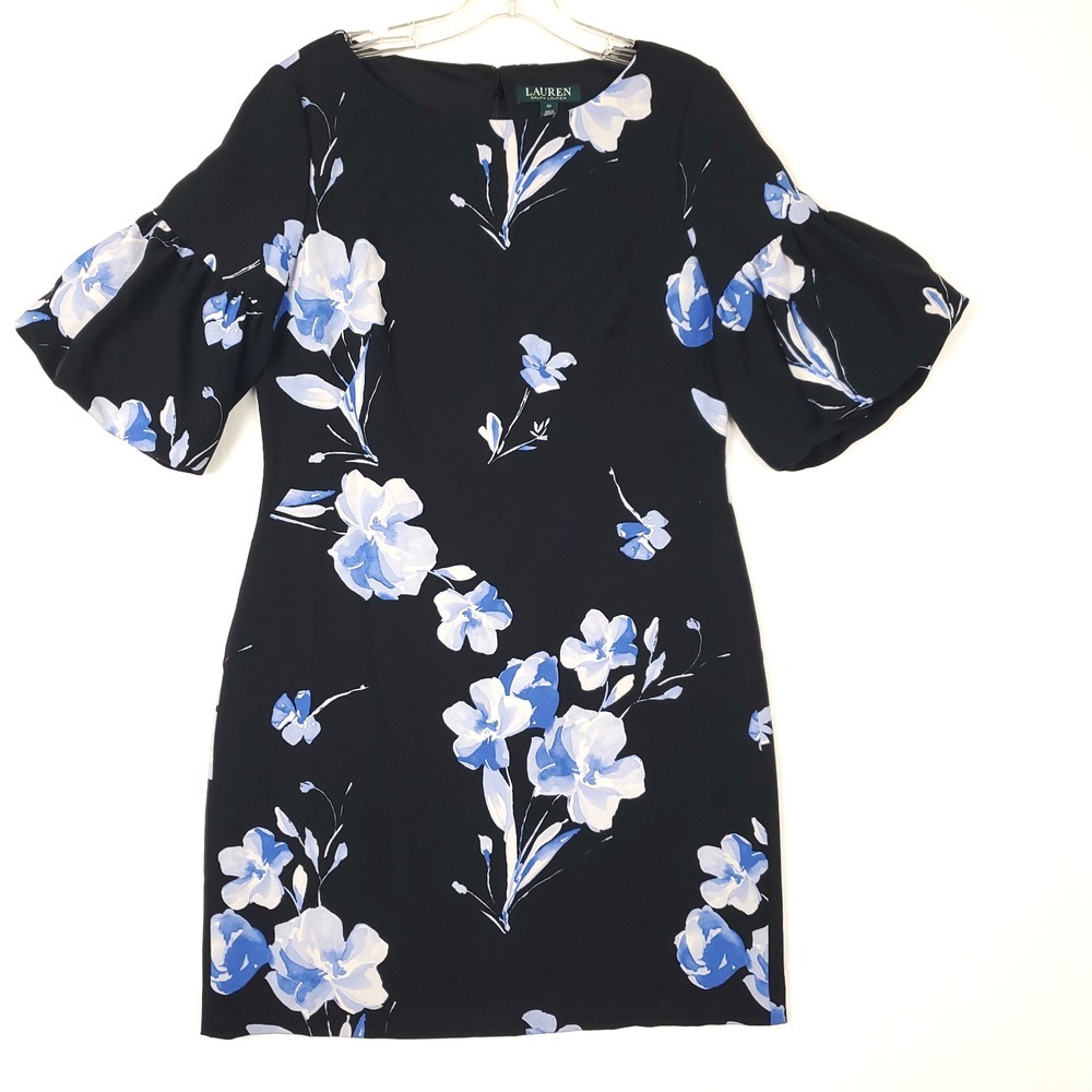 Lauren Ralph Lauren Sheath Dress Size 10 Blue Floral Balloon Sleeves